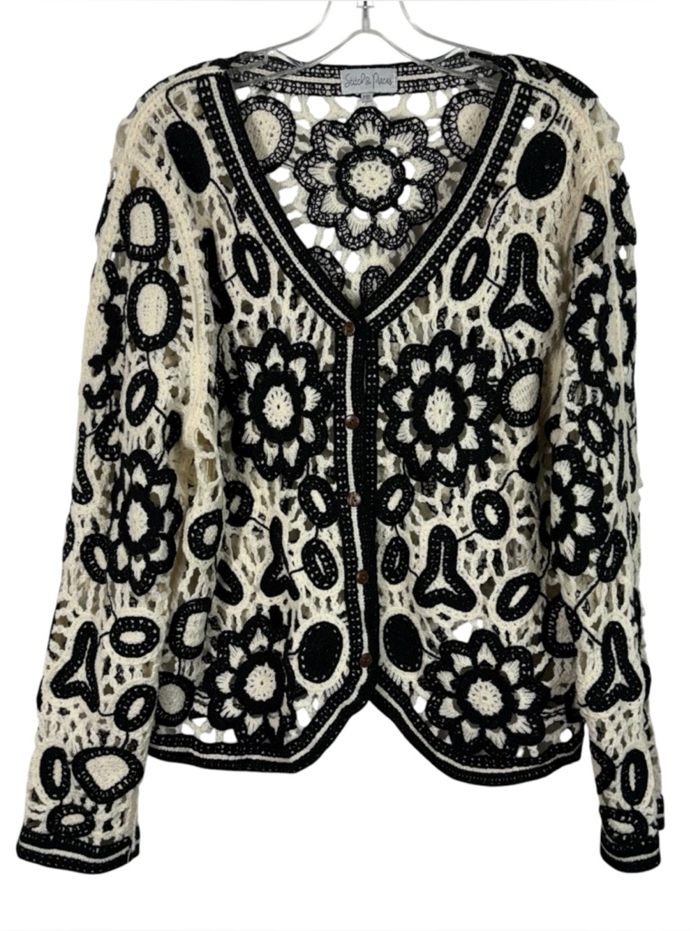 Stitch & Pieces Black Cream Crochet Open Knit Cardigan Sweater Art Deco M/L Top